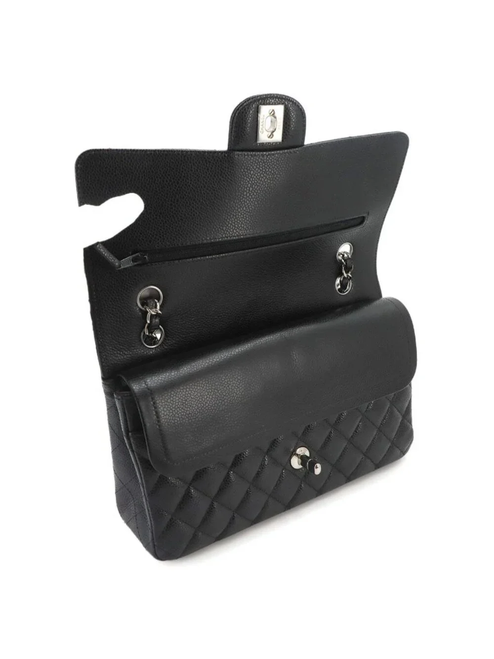 Chanel Quilted 25 Chain Shoulder Bag Caviar Leather Black Silver